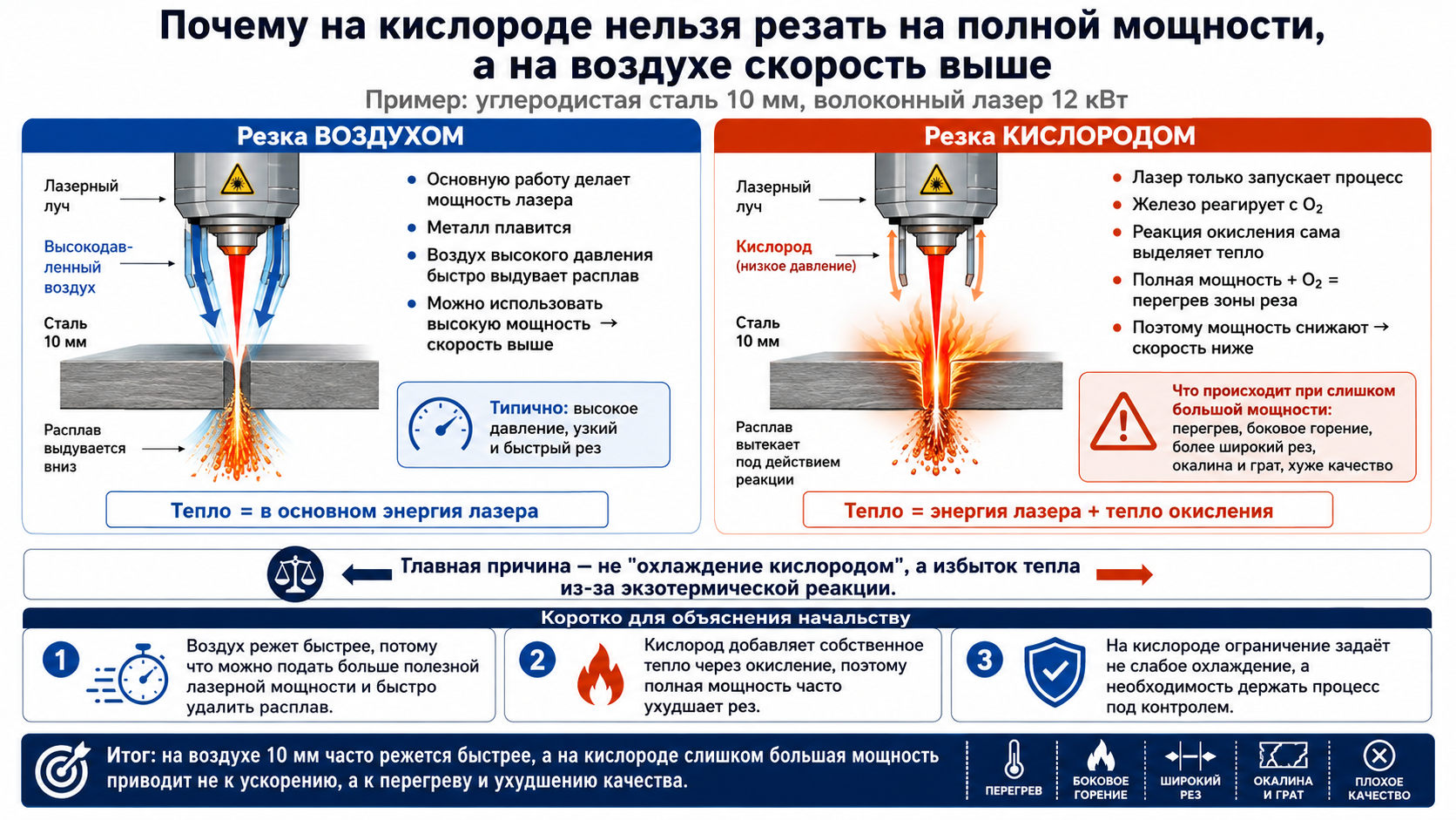 Почему на кислороде тонкий металл нельзя резать на полной мощности? Почему скорость на воздухе при резке допустим 10-ки выше чем на кислороде (12квт)?